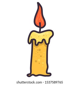 Flat illustration with candle on white backdrop. Design concept party, celebration. Xmas holiday. Vector illustration. Fire icon.