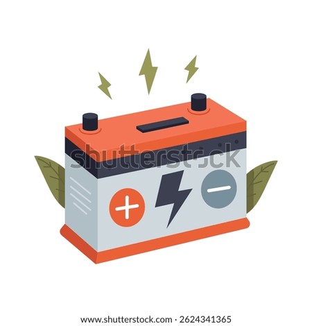 Flat illustration of car battery with positive and negative terminals, orange top, lightning bolts, and decorative green leaves