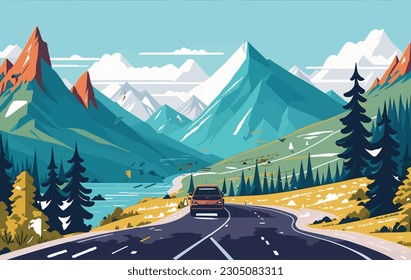 Flat illustration of a car driving through mountains 