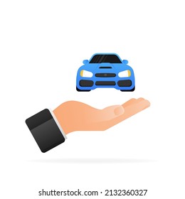 Flat illustration with car in hand. Vector flat illustration. Document icon concept. Business vector icon.