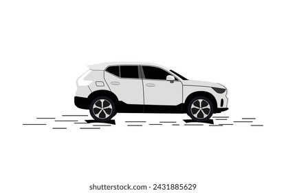 Flat illustration of a car on the road in white background