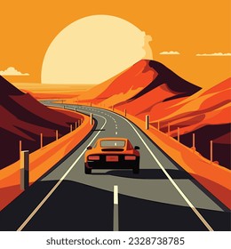 Flat Illustration of car road trip on a sunny day between canyon, mountain background