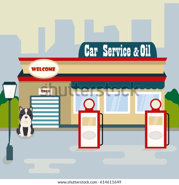 Flat illustration of the car service and fuel station\
with cute dog
