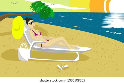 Flat illustration of a carefree resting girl sunbathing.