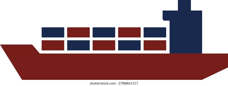 Flat illustration of a cargo ship in side view carrying stacked containers on a long red hull