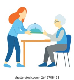 Flat Illustration of Caring Woman Serving Food to Elderly Woman