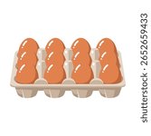 A flat illustration of a carton filled with eight brown eggs. The eggs are evenly spaced in a cardboard egg holder, presented against a clean white background.