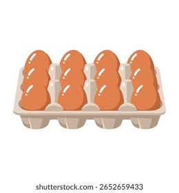 Ilustração plana de uma caixa cheia de oito ovos marrons. Os ovos são uniformemente espaçados em um suporte de ovos de papelão, apresentados contra um fundo branco limpo.