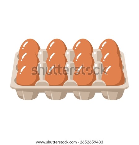 A flat illustration of a carton filled with eight brown eggs. The eggs are evenly spaced in a cardboard egg holder, presented against a clean white background.