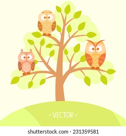 flat illustration with cartoon beautiful and funny owls sitting on a tree.