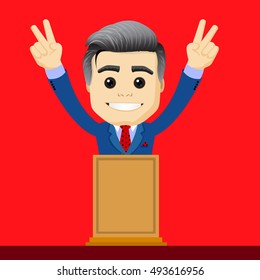 Flat illustration. Cartoon character on the election. Manager character or businessman. Manager character with hands up standing on the tribune, smiling and showing peace sign.