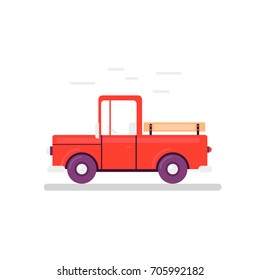 Flat illustration of cartoon delivery pickup. Agriculture. Isolated on white background. Red truck delivery side view. Simple geometric shapes.