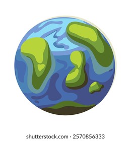 Flat illustration cartoon earth globe with continents and oceans isolated on white background. Cartoon icon of world or planet drawn in doodle style. Astronomy for children.