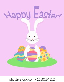 Flat illustration Cartoon funny rabbit holding Easter egg. Happy Easter. 