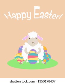 Flat illustration Cartoon funny Sheep holding Easter egg. Happy Easter. 