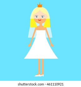 Flat illustration cartoon girl bride blonde like a princess in short white dress with veil and shoes isolated on blue background / vector eps 10