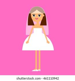 Flat illustration cartoon girl bride brown hair like a princess in short white dress with veil and shoes isolated on pink background / vector eps 10