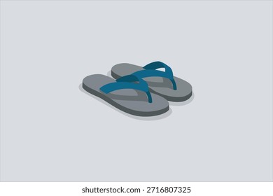Ilustración plana de chanclas casuales con correas azules y suelas grises sobre un fondo limpio. Diseño de calzado simple que representa el verano, la playa, la relajación y el estilo de vida casual diario.