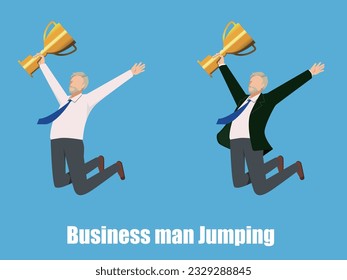 Flat illustration of a caucasian male businessman in a business suit jumping. The image of reskilling and leaping forward.