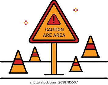 Flat illustration of a caution sign with traffic cones and warning symbol, ideal for safety alerts, road hazard messages, or construction area notifications in editorial or infographic design.