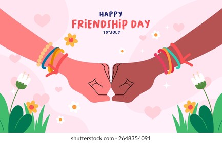 Flat Illustration Celebrating Friendship Day Celebration with Diverse Hands, Friendship, and Bracelets. Perfect for Greeting Cards, Social Media Posts, Posters, Banners, and More.