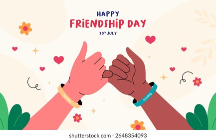 Flat Illustration Celebrating Friendship Day Celebration with Diverse Hands, Friendship, and Bracelets. Perfect for Greeting Cards, Social Media Posts, Posters, Banners, and More.