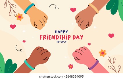 Flat Illustration Celebrating Friendship Day Celebration with Diverse Hands, Friendship, and Bracelets. Perfect for Greeting Cards, Social Media Posts, Posters, Banners, and More.
