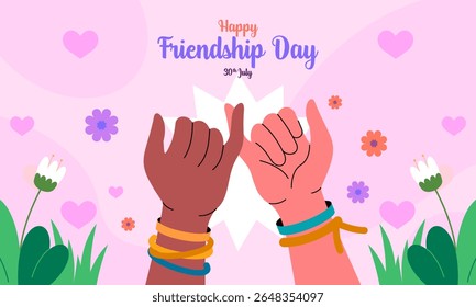 Flat Illustration Celebrating Friendship Day Celebration with Diverse Hands, Friendship, and Bracelets. Perfect for Greeting Cards, Social Media Posts, Posters, Banners, and More.