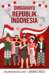 Flat illustration celebrating Indonesia Independence Day featuring people wearing traditional Indonesian costumes from different regions, waving the Indonesian flag, a silhouette map of Indonesia, patriotic red and white decorations, fireworks, and bold 