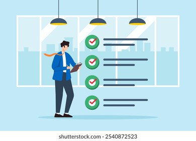 Flat illustration of CEO hold clipboard review business checklist in office room