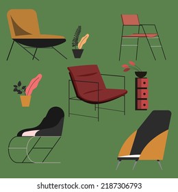 Ilustración plana de la silla y el diseño interior 