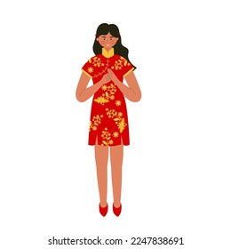 Flat illustration character of beautiful chinese lady wearing chinese dress celebrate lunar new year