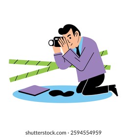 A flat illustration of a character capturing crime scene with detective camera 