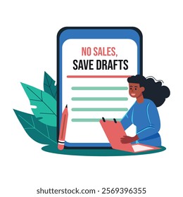 A flat illustration of character checking saved drafts 