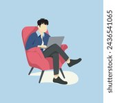 Flat Illustration Character of a Cheerful Man Working on Laptop
