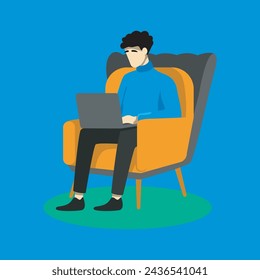 Flat Illustration Character of a Cheerful Man Working on Laptop