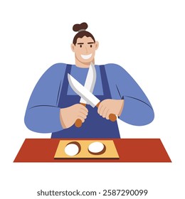 A flat illustration of character chopping food with sharp knives 
