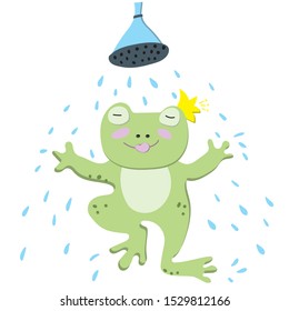 Flat illustration with character. Cute green frog taking a shower, dancing and having fun on white background