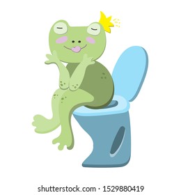 Flat illustration with character. Cute green frog is sitting on the toilet on white background