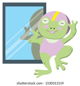 Flat illustration with character. Cute green frog in a swimsuit before the mirror on white background
