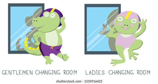 Flat illustration with character. Cute green frog and crocodile in a swimsuit before the mirror on white background. The restroom, changing room symbols 