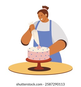 A flat illustration of a character decorating cake with icing cream 
