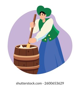 A flat illustration of a character doing butter churning