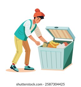 A flat illustration of character doing dumpster diving
