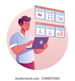 A flat illustration of a character doing ecommerce shopping 

