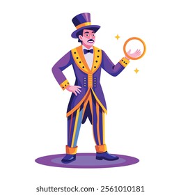 A flat illustration of a character doing magic trick with a ring 
