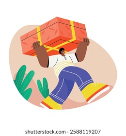 A flat illustration of a character doing parcel delivery 