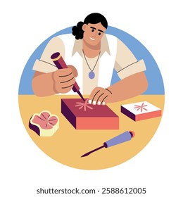 A flat illustration of a character doing stamp carving 