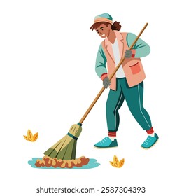 A flat illustration of character doing street sweeping with broom

