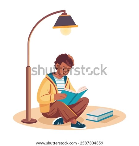 A flat illustration of a character doing street reading under lamp 

